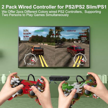 PS2 Controller, 2 Pack Wired Controller for PS2/PS2 Slim/PS1,Dual Vibration - color: Camo Red
