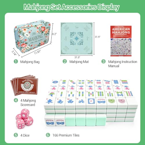 American Mahjong Tile Set, 166 Tiles (1.2”), Cute Mini Tiles - Mint Green | Mahjong Tile Set with Carrying Bag, Dice, Mat, Portable Travel Complete Game Set for Home Outdoor Enthusiast Gift - color: Mint Green