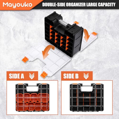 Mayouko Double Side Tool Box with Transparent Lid, 8 Movable Small Trays & Removable Dividers, Multi-Function Small Parts Organizer, for Hardware, Screws, Bricks, Nails, Jewelry and Fishing Tackle - size: 15.16"L x 12.8"W x 6.3"H