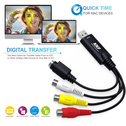 Kkf USB 2.0 Video Capture Card for Streaming – VHS to Digital Converter, with Audio Transfer Grabber, Digitize Video DSLR DVD PS3 PS4 Camera Adapter, for Mac, PC or Notebook (IU037B-2)