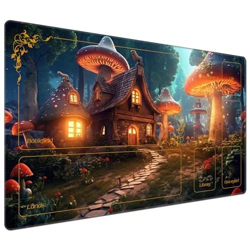 DEGDFSGR for MTG Playmat with Zones 24 x 14 inches for TCG Playmats Non-Slip Rubber Base Commander Play Mat for Card Play mat Iorcana Trading Card Game, A Magical Mushroom Village - color: A Magical Mushroom Village, size: 24" x 14"
