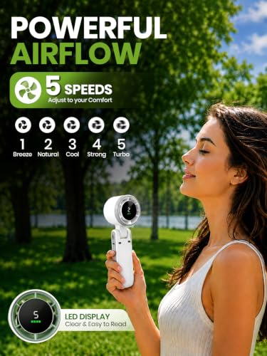 EcoNour Portable Handheld Fan - 5 Gear High Speed 13550 RPM Rechargeable Mini Personal Hand Fans that Blow Cold Air, Battery Powered Travel Fan Essentials, for Women, Men - White - color: white