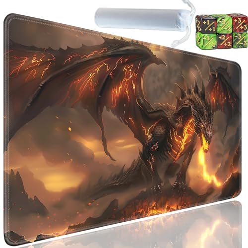 Playmat for MTG, 24x14 Inches Playmats, for TCG and CCG Trading Card Game Mat, Non-Slip Rubber for MTG Playmats with A Storage Bag and 6 Dice Set, Flaming Dragon Pattern - color: Yu-Playmat-1-A25