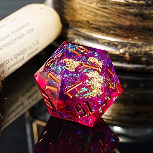 Cusdie Single D20 DND Dice with Sharp Edges and Glitter Foil Inclusions, 20 Sided D&D Dice, 33mm Handcrafted, for Role Playing Game(Rose Red/B) - color: Rose Red