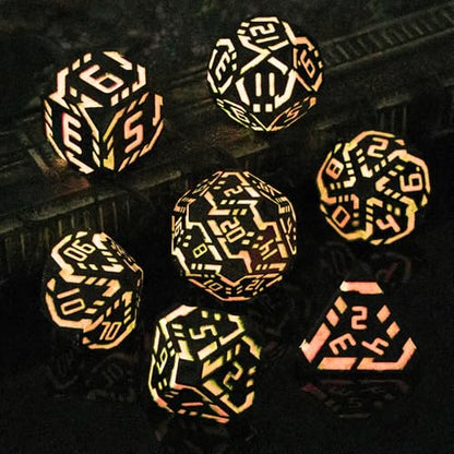 Metal DND Sci-fi Dice Set 7PCS Luminous Pink Stripe Polyhedral Dice for Dungeons Dragons RPG Role Playing Game, Glitter D and D Dice with Gift Box D6 D8 D10 D12 D20 - color: Nightlight - Pink
