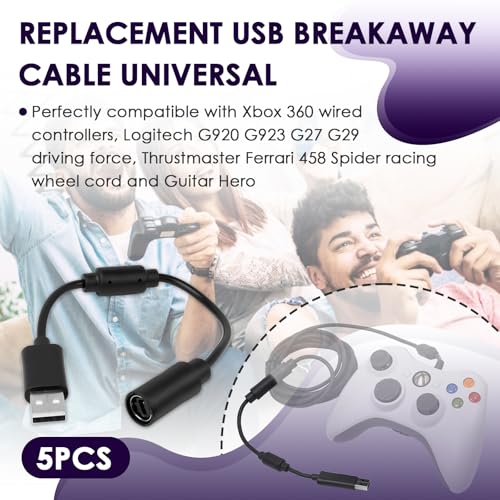 USB Breakaway Cable for Xbox 360, Rocksmith Real Tone Cable, Xbox Controller Cord, Xbox USB Adapter, Guitar Hero Dongle , Compatible with Logitech G920 G923 G27 & Thrustmaster 458 Spider Racing Wheel - size: 5-PACK