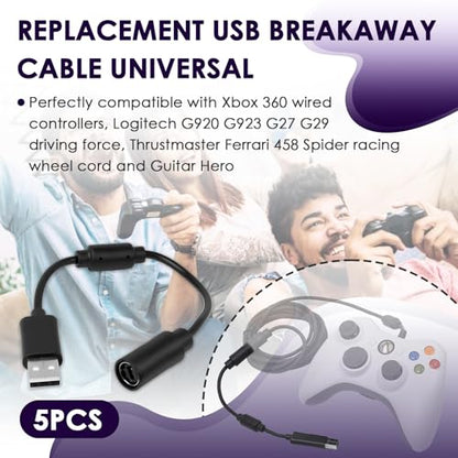 USB Breakaway Cable for Xbox 360, Rocksmith Real Tone Cable, Xbox Controller Cord, Xbox USB Adapter, Guitar Hero Dongle , Compatible with Logitech G920 G923 G27 & Thrustmaster 458 Spider Racing Wheel - size: 5-PACK