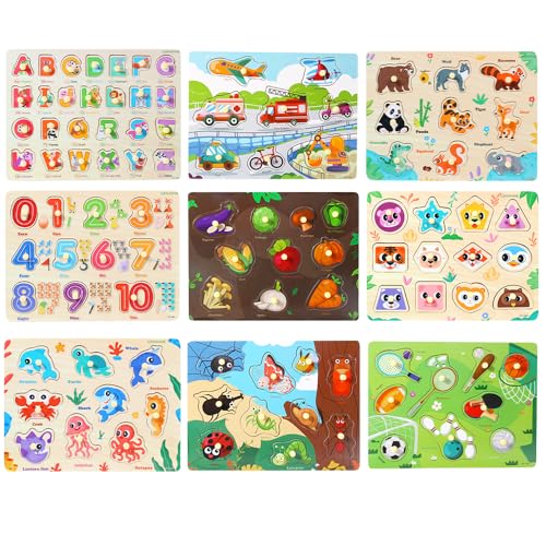 GRINNNIE 9 Pack Montessori Toddler Puzzle for 3 4 5 Years Old, Wooden Learning Puzzle for Toddlers 3-5, Animal, Alphabet, Number, Shape Peg Puzzles Set, Great Birthday for Boys Girls