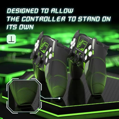PlayVital Silicone Skin Set for PS5 Controller - Mecha Rhino Design, Anti-Slip Grip Cover Protector Compatible with Charging Dock, with Thumb Grips & Touchpad Sticker - Black & Green - color: Black & Green