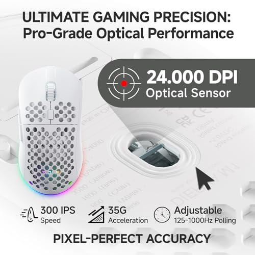 TMKB Wireless White Gaming Mouse, 24000 DPI, 180-Hour Battery | Optical Sensor, 90g Ergonomic Honeycomb Design, 6 Programmable Buttons, RGB Strip, 2.4GHz, BT5.2 and USB-C Wired Connectivity - color: White, size: Wireless