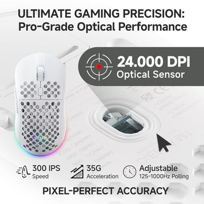 TMKB Wireless White Gaming Mouse, 24000 DPI, 180-Hour Battery | Optical Sensor, 90g Ergonomic Honeycomb Design, 6 Programmable Buttons, RGB Strip, 2.4GHz, BT5.2 and USB-C Wired Connectivity - color: White, size: Wireless