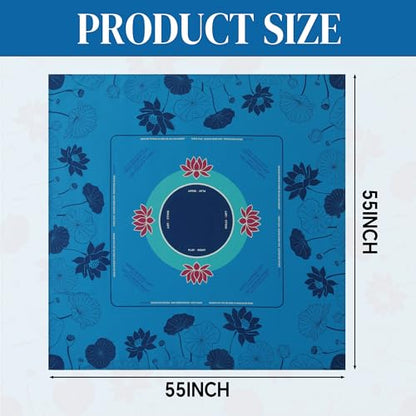 HOMBYS Elegant Lotus Mahjong Table Cloth 55x55 Inch, Square Mahjong Mat with Beginner Game Rules, Spill-Resistant Cover for Card & Tile Game Tables (Lake Blue) - color: Lake Blue