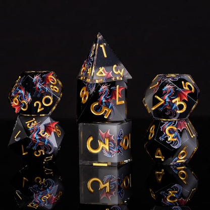 Dragon Pattern Double Layered Black and White Resin DND Dice Set, d4 d6 d8 10 d12 d20 7Pcs Sharp Edge D&D Dice for RPG MTG D and D Role Playing Desktop Games - color: Dragon Black+white