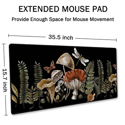 SSOIU Cute Witch Magic Mushroom Forager Fern Desk Mat, Boho Extended Mouse Pad, Extra Large Gaming Desk Pad Non-Slip Water-Resistant Rubber Base Computer Keyboard Mouse Mat, 35.5 x 15.7-inch - color: Mushroom Forager Fern