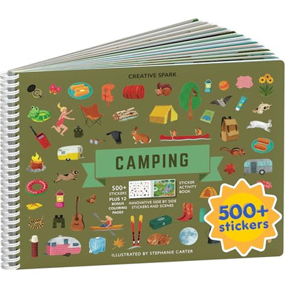 Camping 500+ Kids Sticker Book by Cupkin Fun Toddler Travel Activity Coloring and Sticker Book, Road Trip Essentials, 12 Coloring Pages + 12 Side by Side Scenes for Ages 2–8 Years - color: Camping