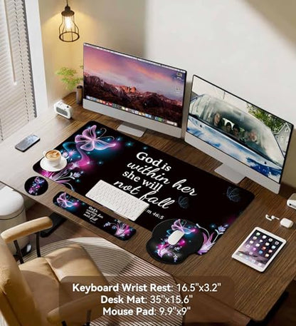 Desk Mat Set Keyboard and Mouse Pad with Wrist Rest Support | Ergonomic,Pain Relief, 4-in-1 Large Big Mousepad Computer Mats,Desk Pad Matt Mats for Desktop Home & Office - color: E1-Purple Butterflies