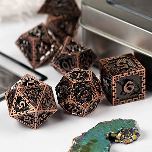 UDIXI Metal Dice Set Polyhedral DND Dice Set for Role Playing Game (Copper) | 7-Pieces, Dragon Carved, Chain-edge Design, Metal Gift Box, DM Gift, for Dungeons and Dragons Games Tabletop Games - color: Chain Frame-antique Copper