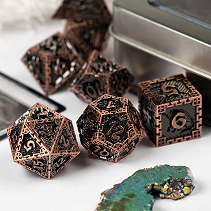 UDIXI Metal Dice Set Polyhedral DND Dice Set for Role Playing Game (Copper) | 7-Pieces, Dragon Carved, Chain-edge Design, Metal Gift Box, DM Gift, for Dungeons and Dragons Games Tabletop Games - color: Chain Frame-antique Copper