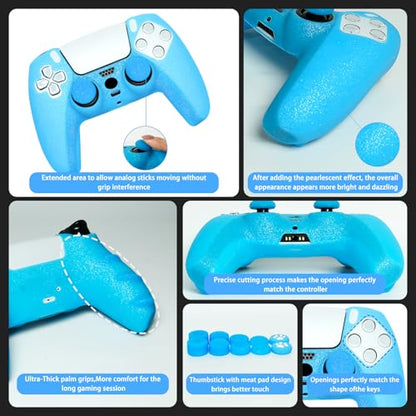 Blue Glitter Silicone Protective Case for PS5 Controller, Sparkly Bling Soft Cover Skins, Includes 8-in-1 Glitter Thumb Grip Caps + 2 Cat Paw Caps – Shockproof Dustproof Anti-Slip - color: Blue