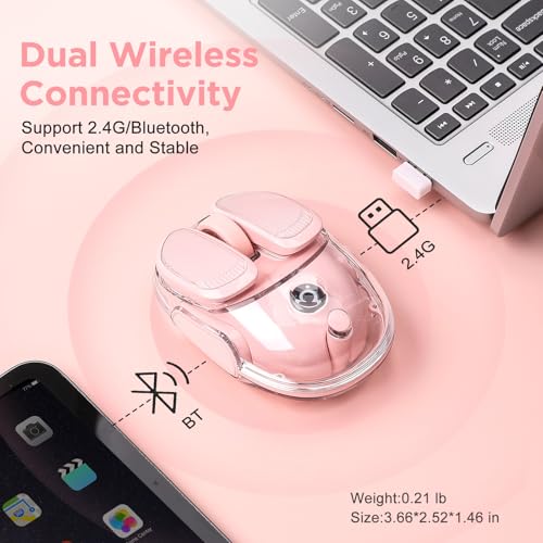 Q9 Wireless Computer Pink Mouse, 2.4GHz/Bluetooth Cute Mouse | Ergonomic Optical Transparent Mouse with RGB Lighting,Silent Clicks,4 DPI Adjustment Levels,Compatible With PC, Mac, Laptop - color: Pink