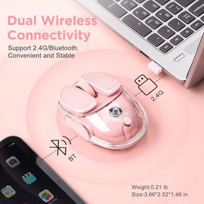 Q9 Wireless Computer Pink Mouse, 2.4GHz/Bluetooth Cute Mouse | Ergonomic Optical Transparent Mouse with RGB Lighting,Silent Clicks,4 DPI Adjustment Levels,Compatible With PC, Mac, Laptop - color: Pink
