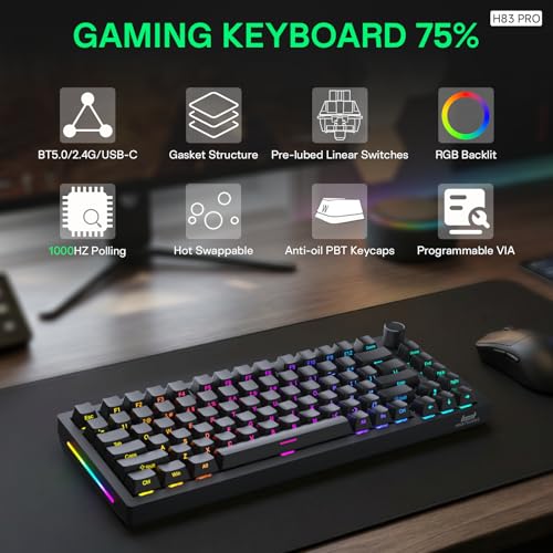 HINATSUSIKE H83 Pro 75 Percent Wireless Mechanical Keyboard for Gaming, Hot-Swappable with Knob, RGB Backlit, Pre-Lubed Cardamom Linear Switches, Side-Printed PBT Keycaps, 2.4G/BT5.0/USB-C Black - color: H83 Pro Black