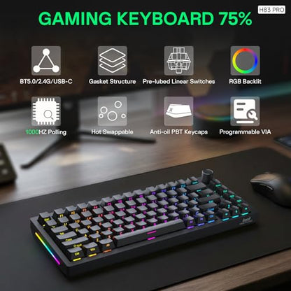 HINATSUSIKE H83 Pro 75 Percent Wireless Mechanical Keyboard for Gaming, Hot-Swappable with Knob, RGB Backlit, Pre-Lubed Cardamom Linear Switches, Side-Printed PBT Keycaps, 2.4G/BT5.0/USB-C Black - color: H83 Pro Black