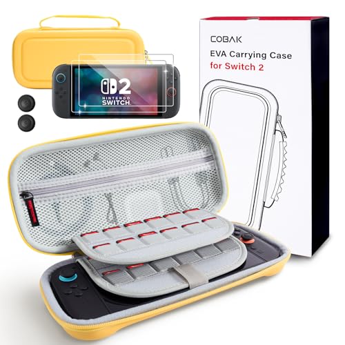 CoBak Large Capacity Carrying Case for Nintendo Switch 2 (2025) | 3 in 1 Accessories Bundle with 2 Screen Protectors, Thumb Grip Caps, 24 Game Cartridges, Hard Shell Portable Travel Pouch - color: Yellow, size: 7.9 inch