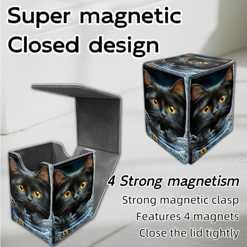for MTG Deck Box, Trading Card Storage Case Holds 100+ Sleeved Cards, Black Kitten in Denim Pocket Magnetic Closure Durable Deck Holder for Magic The Gathering, TCG & Commander - color: Black Kitten in Denim Pocket