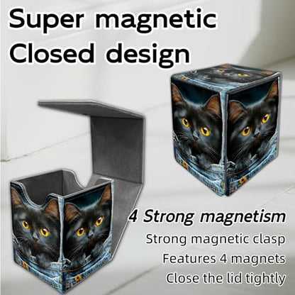 for MTG Deck Box, Trading Card Storage Case Holds 100+ Sleeved Cards, Black Kitten in Denim Pocket Magnetic Closure Durable Deck Holder for Magic The Gathering, TCG & Commander - color: Black Kitten in Denim Pocket