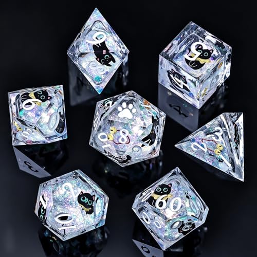 WizardsAracanum Cat Liquid Quicksand DND Dice Set Resin 7Pcs Dice DND with an Iron Box for DND COC Role Playing dice Games and Board Games Gift (Glitter Rainbow Cat) - color: Rainbow Giltter Cut Cat