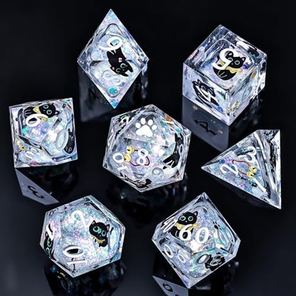 WizardsAracanum Cat Liquid Quicksand DND Dice Set Resin 7Pcs Dice DND with an Iron Box for DND COC Role Playing dice Games and Board Games Gift (Glitter Rainbow Cat) - color: Rainbow Giltter Cut Cat