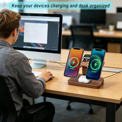 Wood Dual Phone Charging Station Compatible with Magsafe Charger Stand Magnetic Wireless Charger for iPhone 17 16 15 14 13 12 Series iWatch AirPods Wireless Charging Station for Apple Devices - color: Without Apple Watch Charger