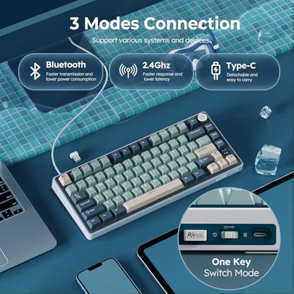 RK ROYAL KLUDGE R75 Wireless Mechanical Keyboard, 75% Percent Custom Gaming Keyboard Gasket Mount RGB Backlit with Knob & PBT Keycaps, BT5.1/2.4GHz/USB-C, Hot Swappable Cream Switch - color: Blue