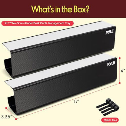 Pyle 2-Pack 17" Under Desk Cable Management Tray, Under Desk Cable Organizer with Adhesive Mount, Wire Management Under Desk for Home Office & Gaming Setup, Durable Plastic, 20 lb Capacity, Black