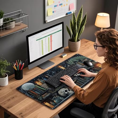 Mystical Gothic Library Large Gaming Mouse Pad Desk Mat 31.5x15.7 | Extended Mousepad, Non-Slip Rubber Base , Stitched Edges, for Computer/Laptop/Office/Home - color: Gothic Library