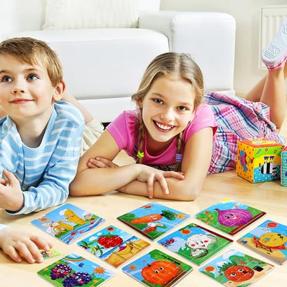SANNIX 12 Pack Wooden Jigsaw Puzzles for Toddlers 3 4 5 Years Old | Party Favors Animals Jigsaw for Kids, Transportation Educational Puzzles Travel Toy with 12 Organize Bags - style: Fruits