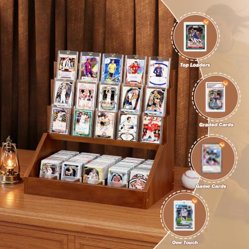 Emfogo Trading Card Display, 3-Tier Card Display Stand with 5-Row Storage, Wooden Graded Card Display, Large Capacity Sports Cards Display Case for Cards Game Collection (Walnut) - color: Walnut