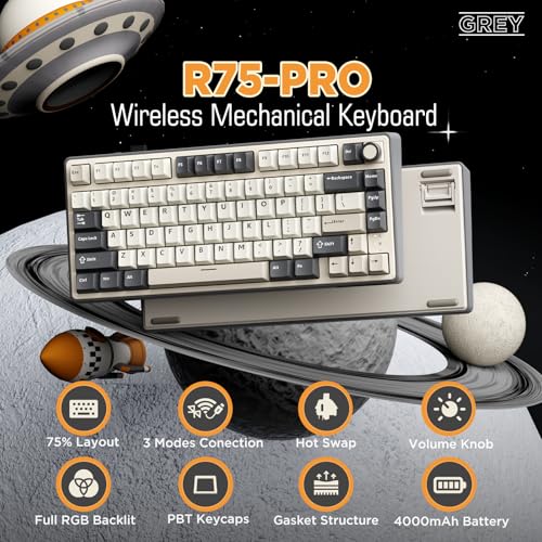RK ROYAL KLUDGE R75 Wireless Mechanical Keyboard, 75% Percent Custom Gaming Keyboard Gasket Mount RGB Backlit with Knob & PBT Keycaps, BT5.1/2.4GHz/USB-C, Hot Swappable Cream Switch, White - color: white