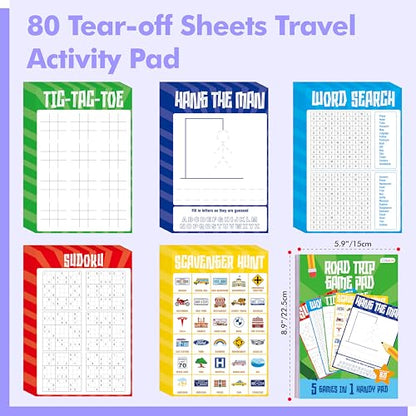 Road Trip Game Pad, 80 Perforated Sheets Travel Activity Pad, 5 Games in 1 Pad, Plane, Car Trip Activity, Pen Pencil & Paper Game for Kids, Adults (6” x 9”) - style: Trip Activity