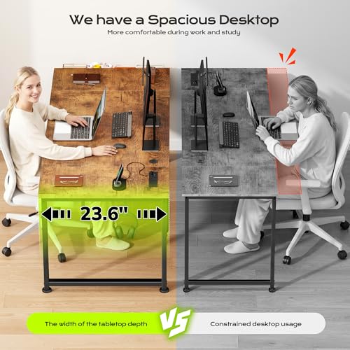 DurayLoly 47" Study Computer Desk with Thicken Frame, RGB LED&Power Outlets | 24" Widened Desktop,Detachable Stand, Hooks & Storage Bag, 110LBS Capacity, Home Office Desk, Brown - color: Brown, size: 47 Inch