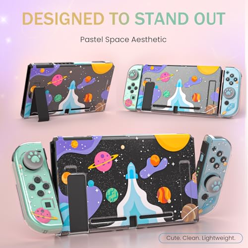 Clear Case for Nintendo Switch 2017, Screen Protector, Thumb Grips, Rocket | Nintendo Switch 2017 case with soft TPU shell, 2 thumb grips and clear glitter design for everyday scratch protection - color: Rocket