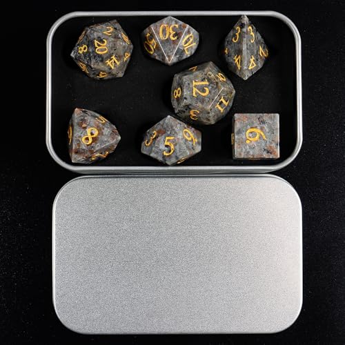 Natural Flame Yooperlite Stone Dice Set,7 Pcs Yooperlite DND Dice with Box Used for Dungeon and Dragon Dice Games (Flame Yooperlite) - color: Flame Yooperlite
