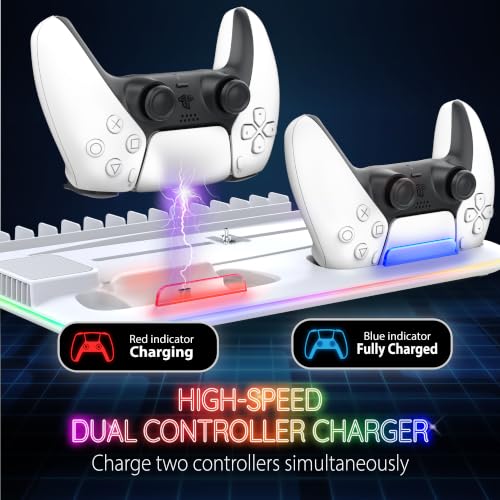 Fosmon for PS5/Slim/Pro Cooling Station and Charging Stand Vertical Controller Charger, Fan Cooler System with RGB Light,15 Game Slot, USB Port, Gaming Headset Holder for PS5 Console Accessories Kit