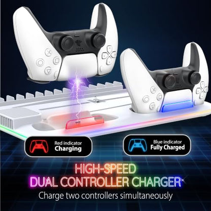 Fosmon for PS5/Slim/Pro Cooling Station and Charging Stand Vertical Controller Charger, Fan Cooler System with RGB Light,15 Game Slot, USB Port, Gaming Headset Holder for PS5 Console Accessories Kit