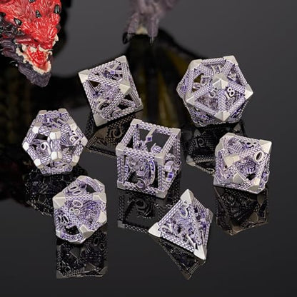 DND Dice, HNCCESG Purple White Dragon Hollow Metal Polyhedral Dice Set for Dungeons and Dragons Dice RPG MTG Table Board Games (Purple White Dragon) - color: Purple White Dragon