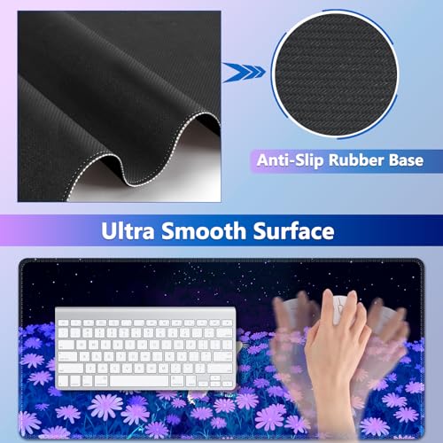 AIMSA Large Mouse Pad Wrist Support Set, Purple Desk Mat+Mouse Pad with Wrist Rest+Keyboard Wrist Pad+Coaster, 4-in-1 Cat Flowers Ergonomic Mousepad Combo - color: Cat Purple Flowers