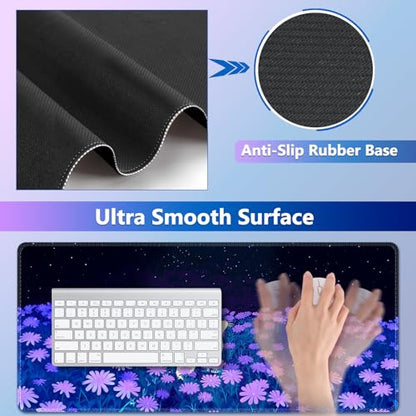 AIMSA Large Mouse Pad Wrist Support Set, Purple Desk Mat+Mouse Pad with Wrist Rest+Keyboard Wrist Pad+Coaster, 4-in-1 Cat Flowers Ergonomic Mousepad Combo - color: Cat Purple Flowers