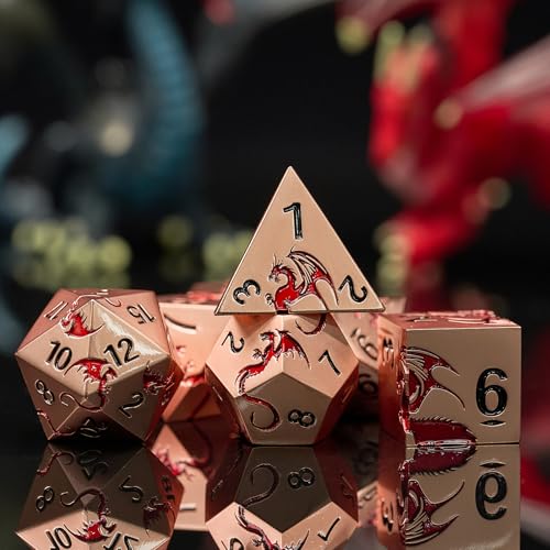Metal Dragon Dice Set,7-Piece Zinc Alloy DND Dice,Ancient Red | Complete polyhedral dragon dice set with easy-to-read numbers and a magnetic gift box for DND players and collectors. - color: Ancient Gold Red