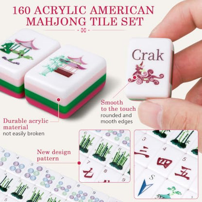 160 Acrylic American Mahjong Tile Set for Mah Jong Lovers | 1.2” Mahjong Set with Carrying Bag and Accessories, 2026 New Premium Rose Red Tiles, 3D Engraved 4 Layer Mahjong Tiles - color: Hot Pink